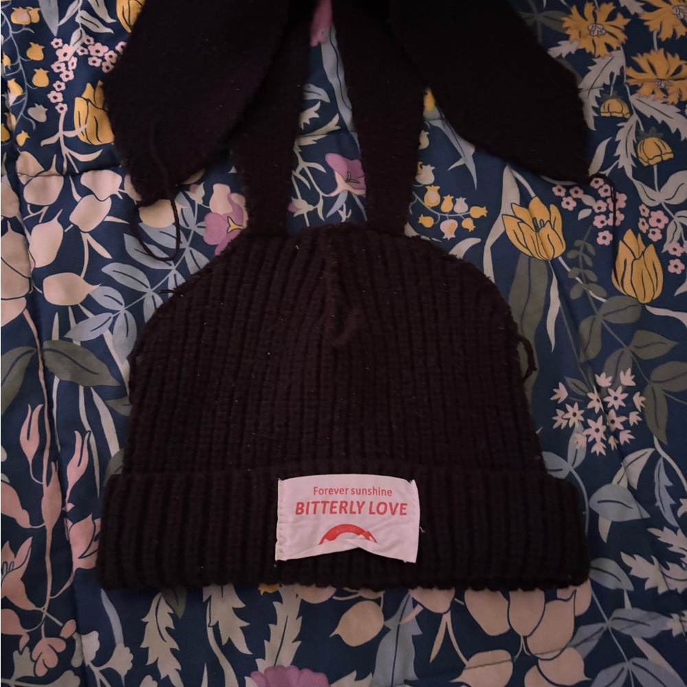 Bunny ears black knit beanie